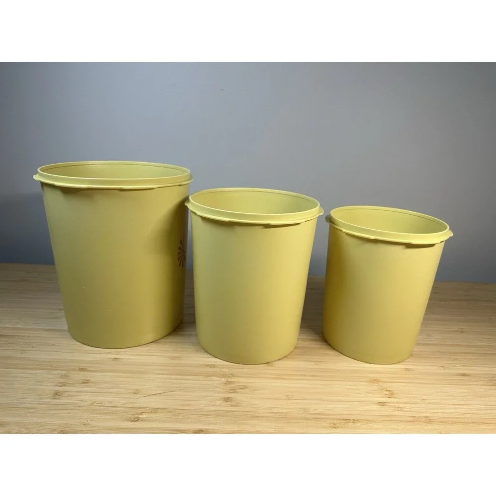 Vtg TUPPERWARE Harvest Gold Sunburst Servalier Canister Nesting 3 MCM Retro 70s